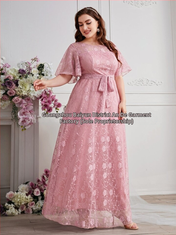 Šaty pre družičky, európsky a americký štýl, vzor s lupienkami, šifón, okrúhly výstrih, dlhá sukňa, 3/4 rukávy, elegantný štýl