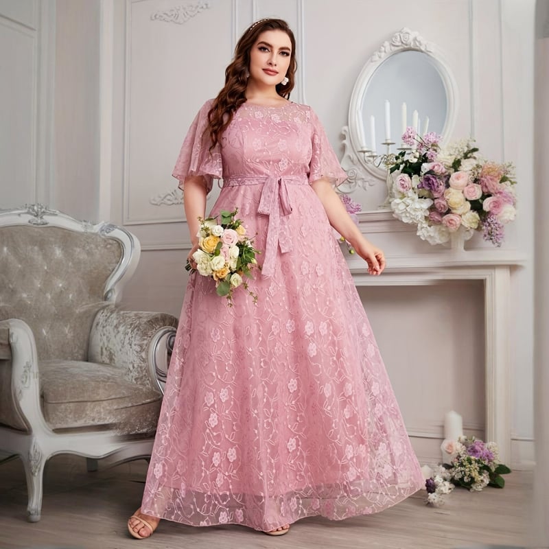 Kleita līgavai, Eiropas un Amerikas stilā, ziedlapiņu raksts šifonā, apļveida kakla izgriezums, garā svārka daļa, 3/4 garuma piedurknēm, elegants stils