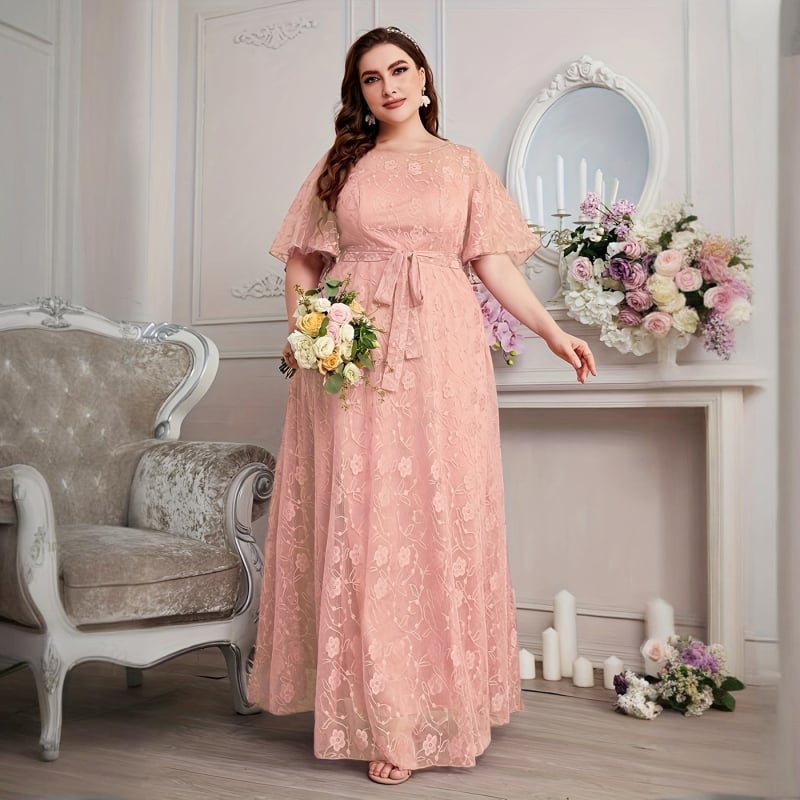 Kleita līgavai, Eiropas un Amerikas stilā, ziedlapiņu raksts šifonā, apļveida kakla izgriezums, garā svārka daļa, 3/4 garuma piedurknēm, elegants stils