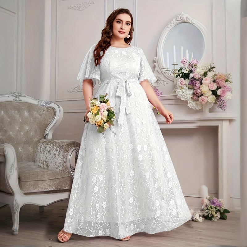 Kleita līgavai, Eiropas un Amerikas stilā, ziedlapiņu raksts šifonā, apļveida kakla izgriezums, garā svārka daļa, 3/4 garuma piedurknēm, elegants stils