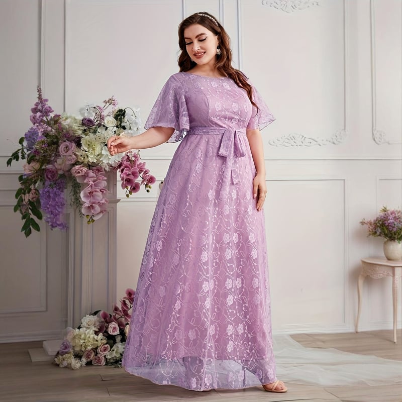 Kleita līgavai, Eiropas un Amerikas stilā, ziedlapiņu raksts šifonā, apļveida kakla izgriezums, garā svārka daļa, 3/4 garuma piedurknēm, elegants stils