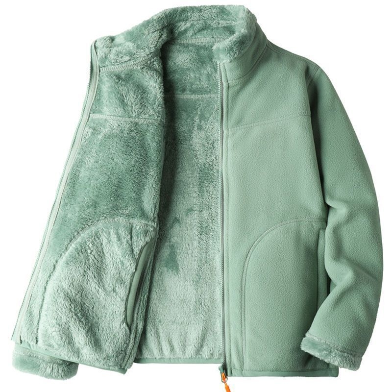 Unisex reversā fleece jaka ar svītrainu kokvilnas audumu un poliestera oderi, kapuce ar noņemamu detaļu