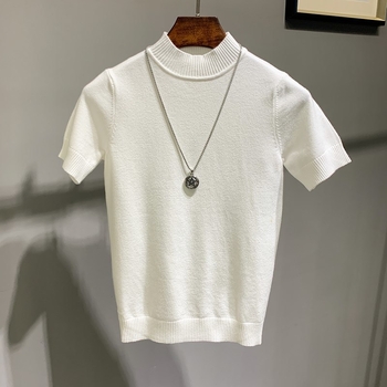 Muški pleteni T-shirt s polovičnim visokim ovratnikom, korejski stil, uski kroj, kratki rukavi, pamuk