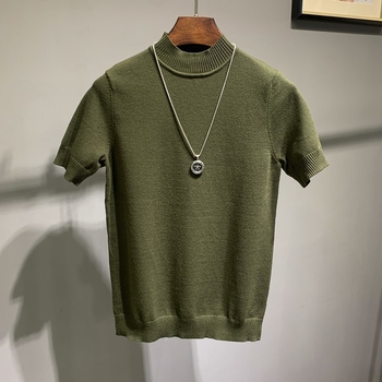 Muški pleteni T-shirt s polovičnim visokim ovratnikom, korejski stil, uski kroj, kratki rukavi, pamuk
