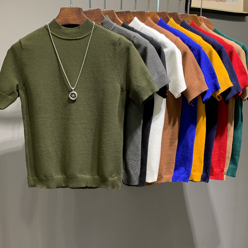 Muški pleteni T-shirt s polovičnim visokim ovratnikom, korejski stil, uski kroj, kratki rukavi, pamuk