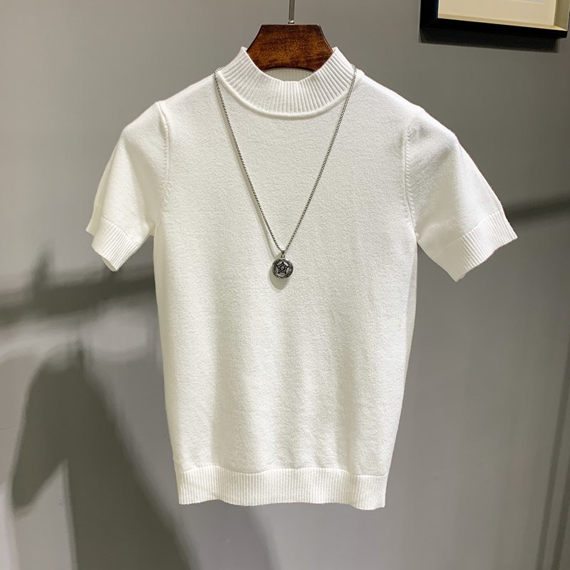 Muški pleteni T-shirt s polovičnim visokim ovratnikom, korejski stil, uski kroj, kratki rukavi, pamuk