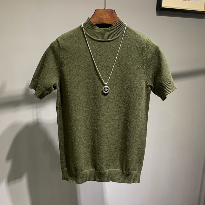 Muški pleteni T-shirt s polovičnim visokim ovratnikom, korejski stil, uski kroj, kratki rukavi, pamuk