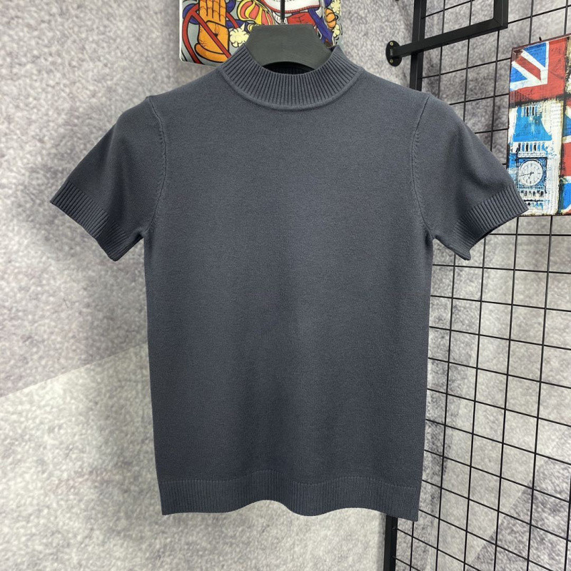 Muški pleteni T-shirt s polovičnim visokim ovratnikom, korejski stil, uski kroj, kratki rukavi, pamuk