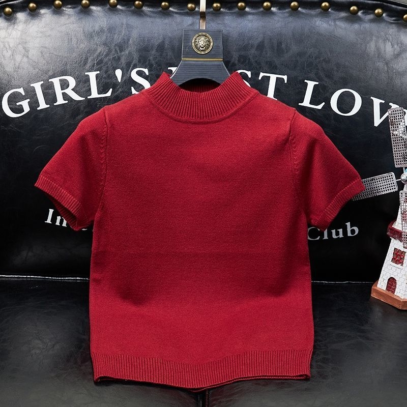 Muški pleteni T-shirt s polovičnim visokim ovratnikom, korejski stil, uski kroj, kratki rukavi, pamuk