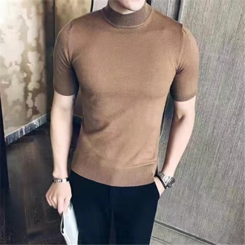Muški pleteni T-shirt s polovičnim visokim ovratnikom, korejski stil, uski kroj, kratki rukavi, pamuk