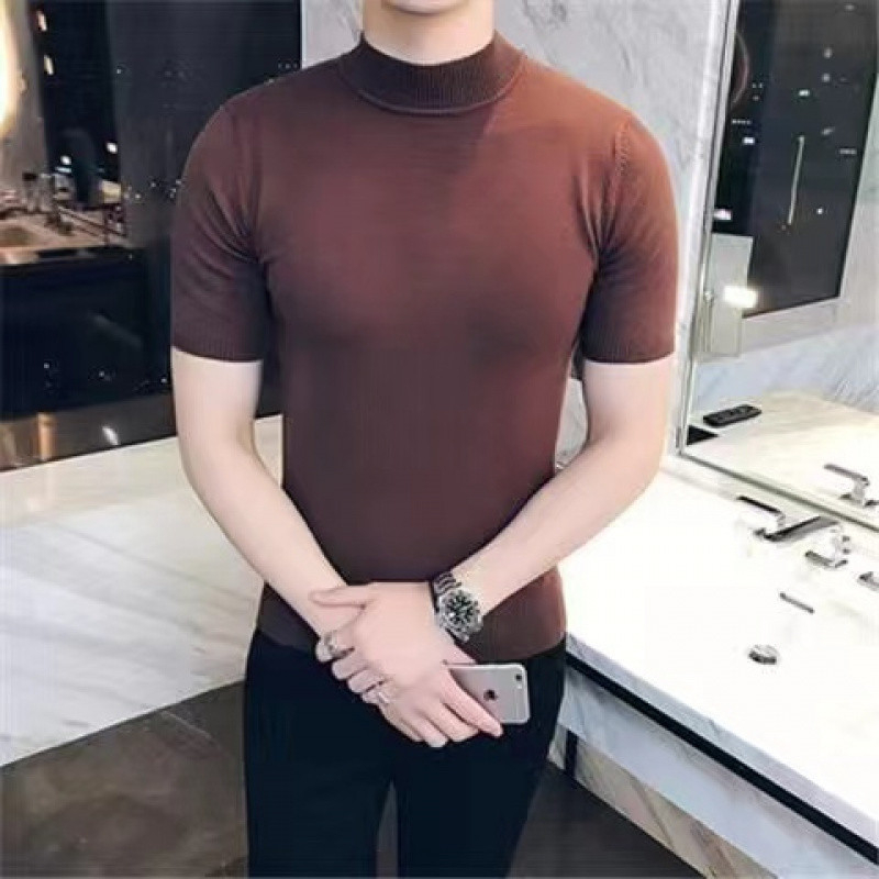Muški pleteni T-shirt s polovičnim visokim ovratnikom, korejski stil, uski kroj, kratki rukavi, pamuk