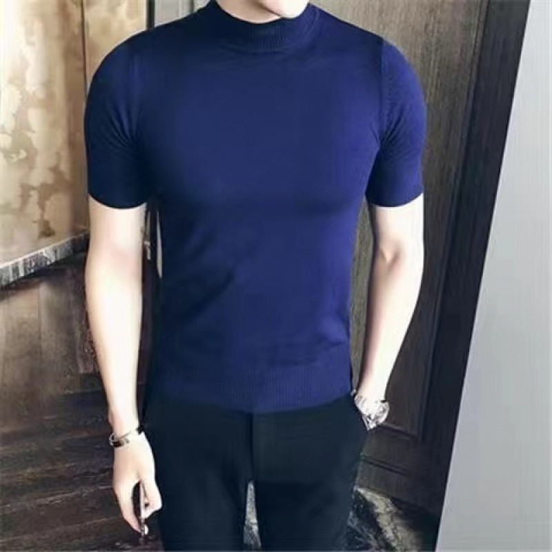 Muški pleteni T-shirt s polovičnim visokim ovratnikom, korejski stil, uski kroj, kratki rukavi, pamuk