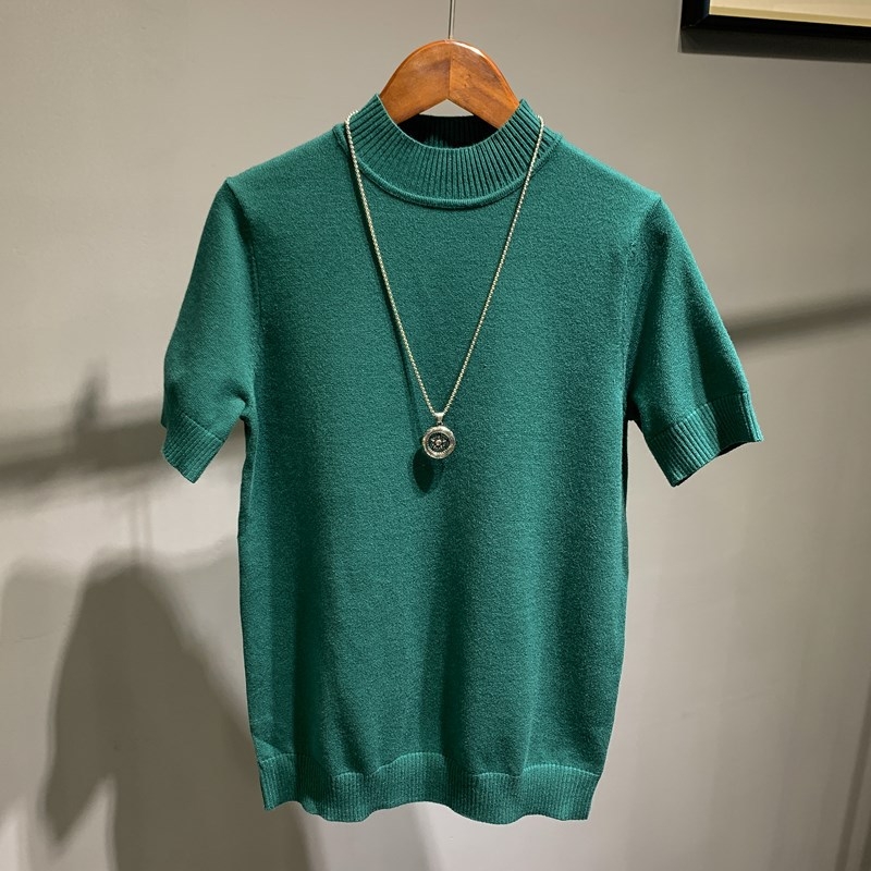 Muški pleteni T-shirt s polovičnim visokim ovratnikom, korejski stil, uski kroj, kratki rukavi, pamuk