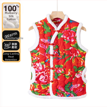 Milk Silk täidetud vest, Hiina stiilis, V-kaelus, lahtine lõige, suur Põhja-Ida lillemustriga