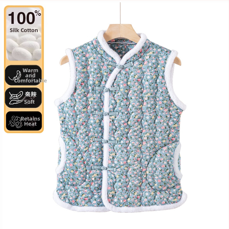 Milk Silk täidetud vest, Hiina stiilis, V-kaelus, lahtine lõige, suur Põhja-Ida lillemustriga