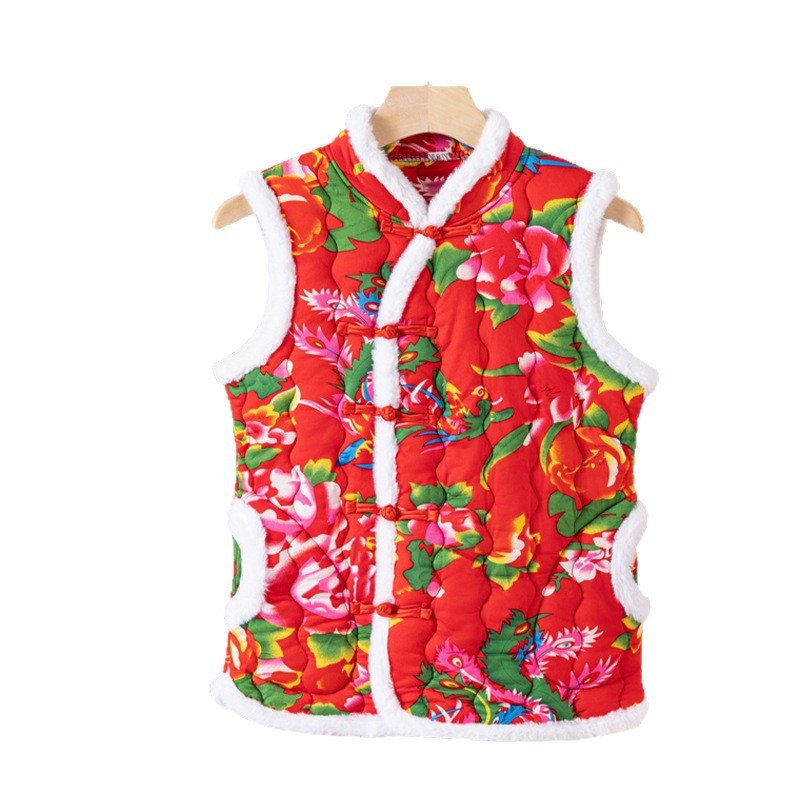 Milk Silk täidetud vest, Hiina stiilis, V-kaelus, lahtine lõige, suur Põhja-Ida lillemustriga