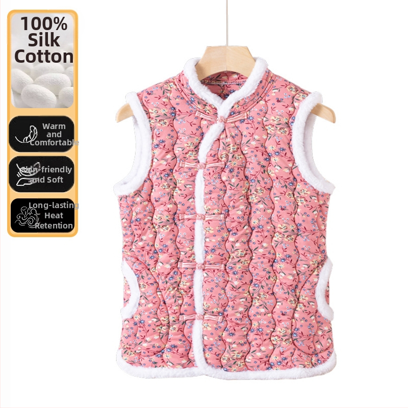 Milk Silk täidetud vest, Hiina stiilis, V-kaelus, lahtine lõige, suur Põhja-Ida lillemustriga
