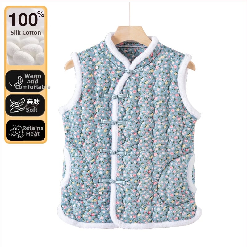 Milk Silk täidetud vest, Hiina stiilis, V-kaelus, lahtine lõige, suur Põhja-Ida lillemustriga