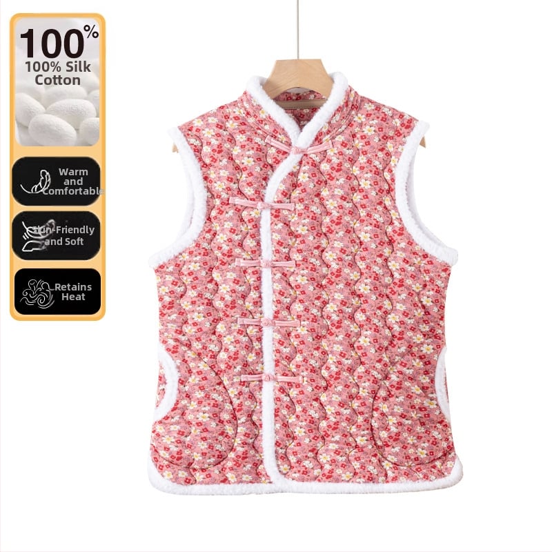 Milk Silk täidetud vest, Hiina stiilis, V-kaelus, lahtine lõige, suur Põhja-Ida lillemustriga