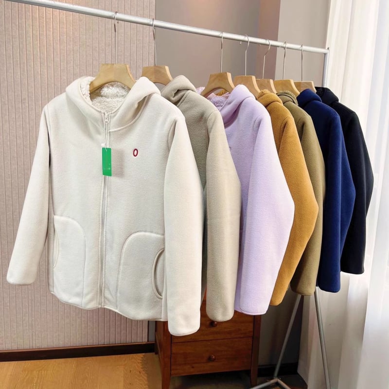 Παλτό με διπλής όψεως πολάρ φλίς και μαλλί προβάτου, κουκούλα, παχύ και ζεστό, κλείσιμο με φερμουάρ; ύφασμα πολυεστέρα