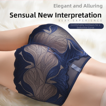 Sieviešu mežģīņu biksītes ar vidukļa jostu — ziedu raksts, elpojošas, paceļ bokus; neilona mežģīne (50–70%), kokvilnas iekšējā odere (50–70%)