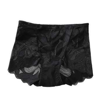 Sieviešu mežģīņu biksītes ar vidukļa jostu — ziedu raksts, elpojošas, paceļ bokus; neilona mežģīne (50–70%), kokvilnas iekšējā odere (50–70%)