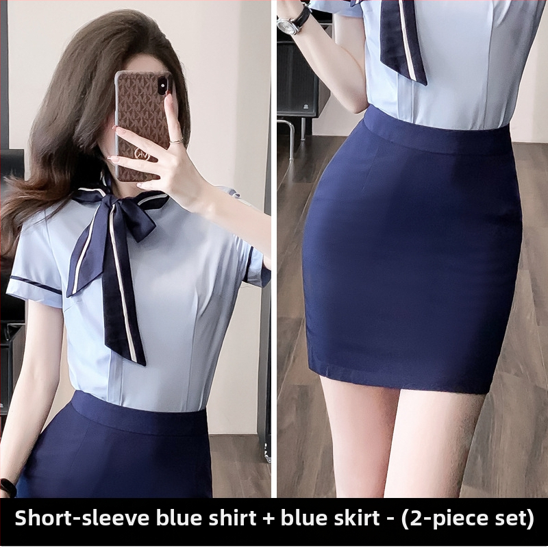 OL uniformas komplekts: blūze ar īsu svārku, regulāras piedurknes, 3/4 garuma piedurknes, OL commuter stilā, poliesteru maisījums 30–50%, pavasaris 2024