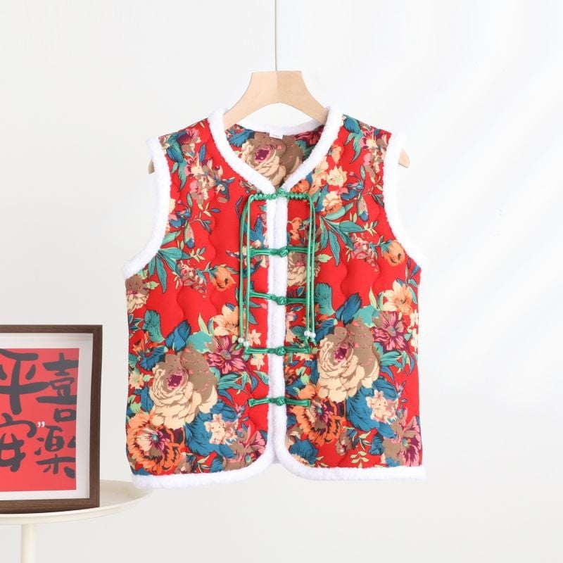 Veste ar ziedu rakstu, mākslinieciska vintage stils, V-dekolts, brīvs piegriezums, galvenais audums: poliesters 70–80%, pildījums no imitētā zīda kokvilnas