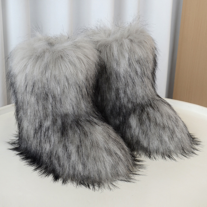 Ženske plišane zimske čizme s protukliznom gumom, topla umjetna krznena iznutra, srednja visina, okrugli vrh