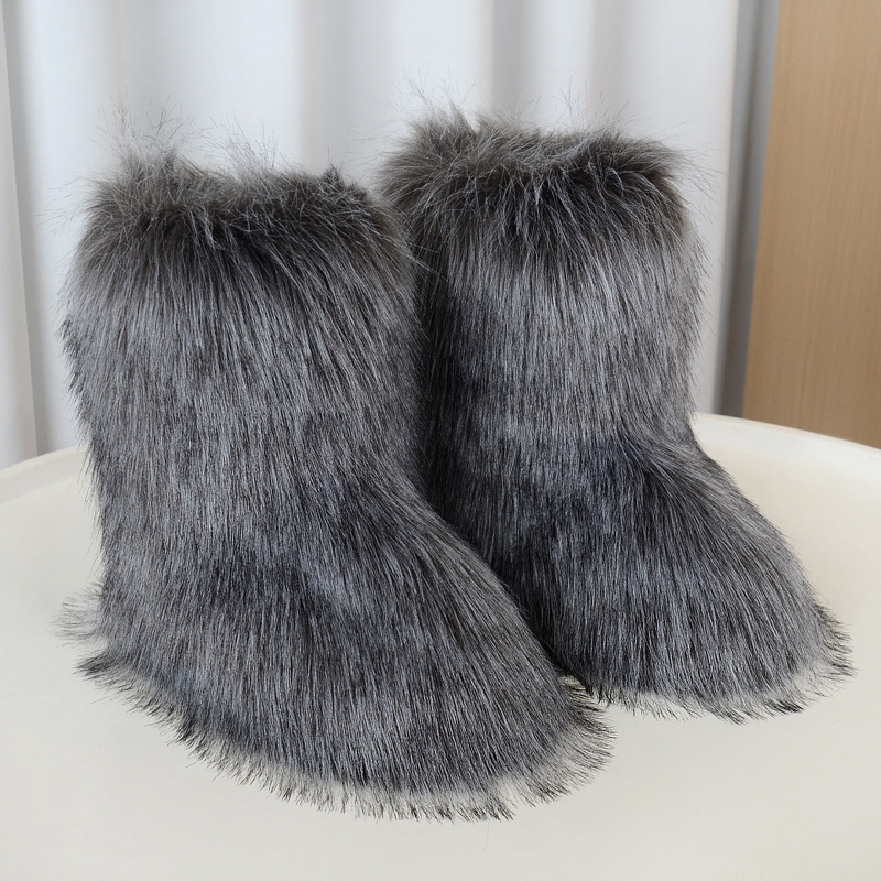 Ženske plišane zimske čizme s protukliznom gumom, topla umjetna krznena iznutra, srednja visina, okrugli vrh