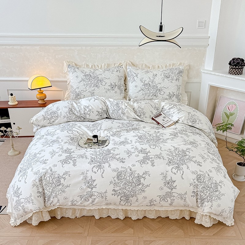 Set de pat din bumbac, din patru piese, cu model plante și flori, stil minimalist, greutate 4000–4500 g/m²