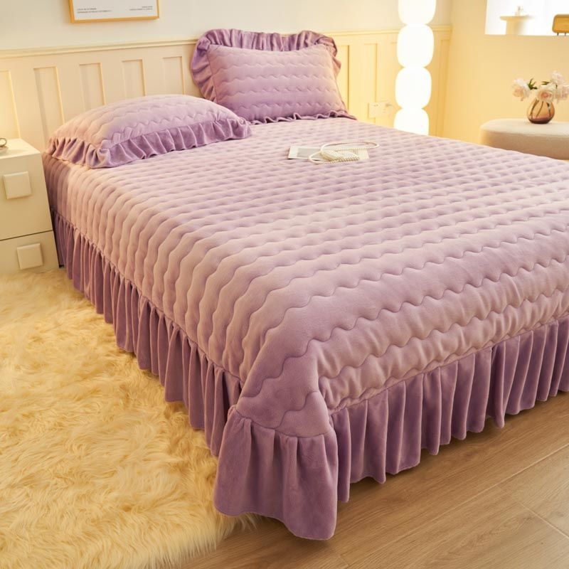 Set de pat din catifea poliesterică, culoare solidă, vopsire pe fir, iarnă, stil coreean