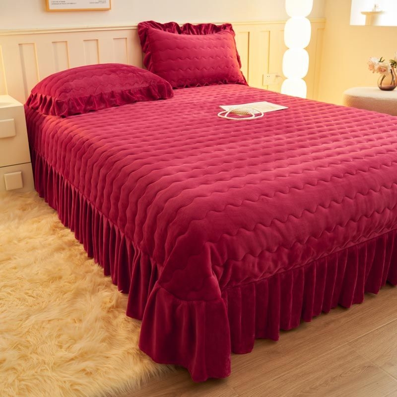 Set de pat din catifea poliesterică, culoare solidă, vopsire pe fir, iarnă, stil coreean