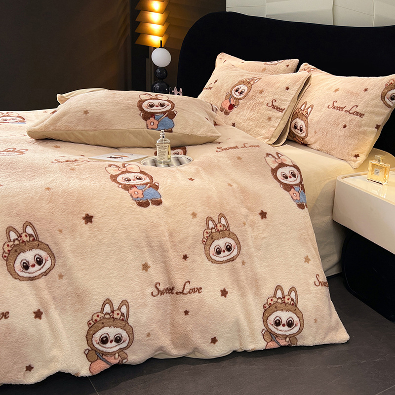Maillard stil posteljine od četiri dijela, velur Rex zec, mliječni velur i koralni velur, leopard uzorak, nordijski zimski stil
