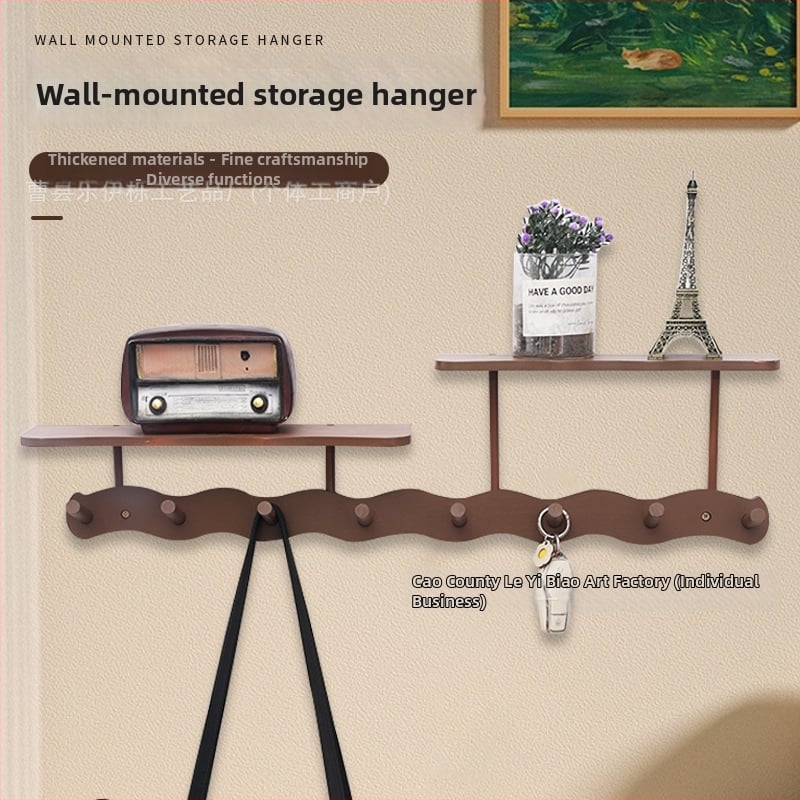 Koka sienas uzglabāšanas plaukts ar āķiem (Materiāls: Koks; Montāža: Sienas piestiprināšana; Stils: Mūsdienīgs minimalistisks; Slāņu skaits: 1)