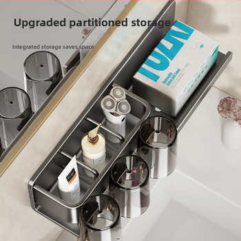 Metāla zobu birstes turētājs, sienas stiprinājums bez urbšanas, ar integrētu uzglabāšanas nodalījumu, skalošanas krūzei un papīra salvetes turētājs