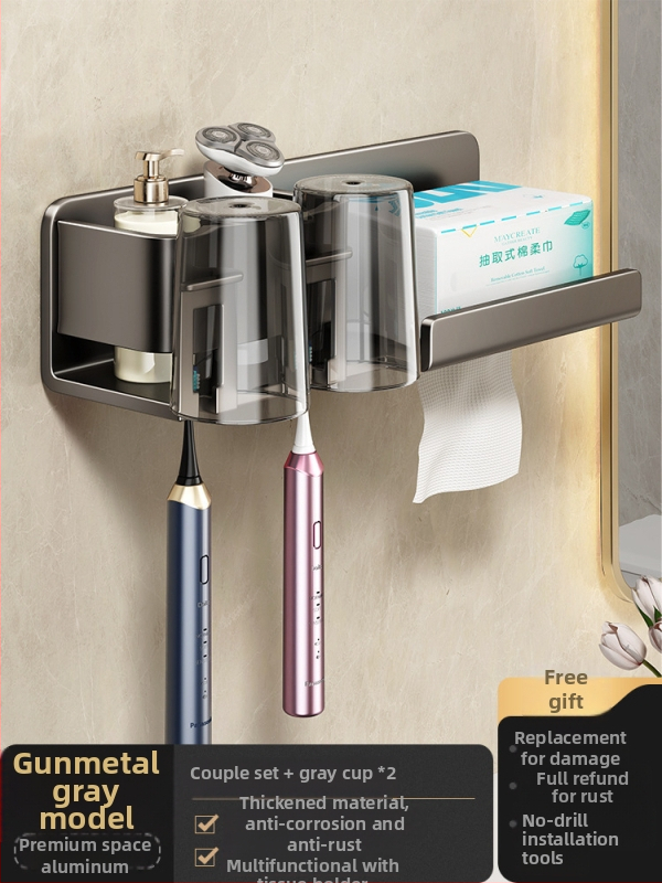 Metāla zobu birstes turētājs, sienas stiprinājums bez urbšanas, ar integrētu uzglabāšanas nodalījumu, skalošanas krūzei un papīra salvetes turētājs