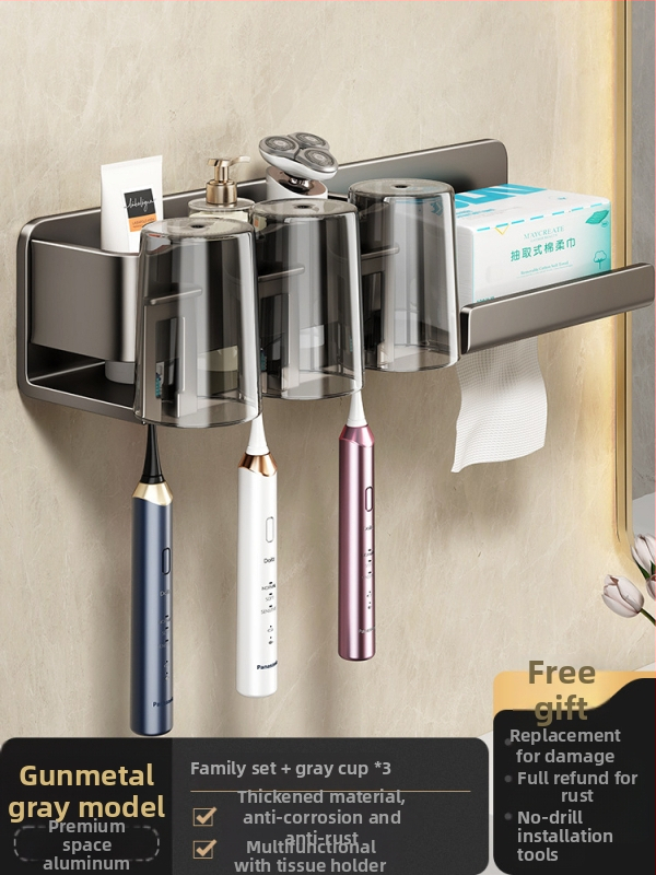 Metāla zobu birstes turētājs, sienas stiprinājums bez urbšanas, ar integrētu uzglabāšanas nodalījumu, skalošanas krūzei un papīra salvetes turētājs