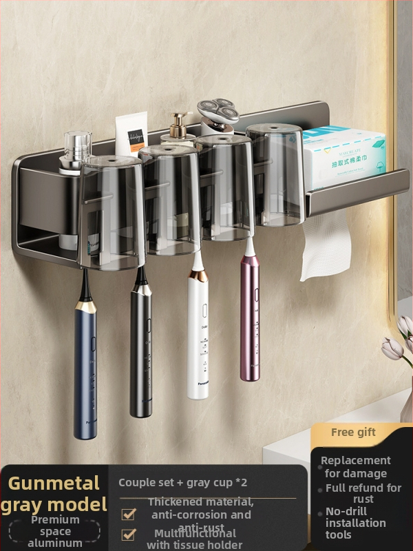 Metāla zobu birstes turētājs, sienas stiprinājums bez urbšanas, ar integrētu uzglabāšanas nodalījumu, skalošanas krūzei un papīra salvetes turētājs