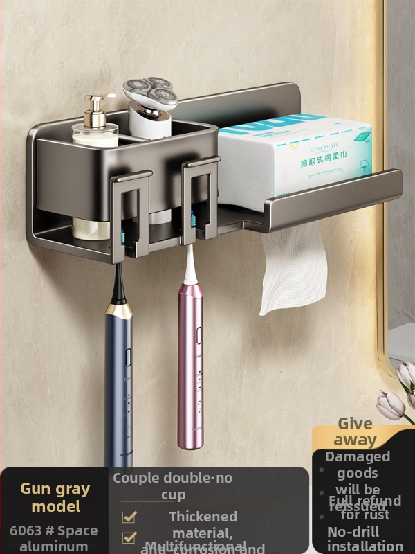Metāla zobu birstes turētājs, sienas stiprinājums bez urbšanas, ar integrētu uzglabāšanas nodalījumu, skalošanas krūzei un papīra salvetes turētājs