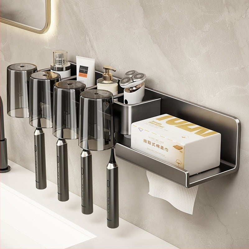 Metāla zobu birstes turētājs, sienas stiprinājums bez urbšanas, ar integrētu uzglabāšanas nodalījumu, skalošanas krūzei un papīra salvetes turētājs