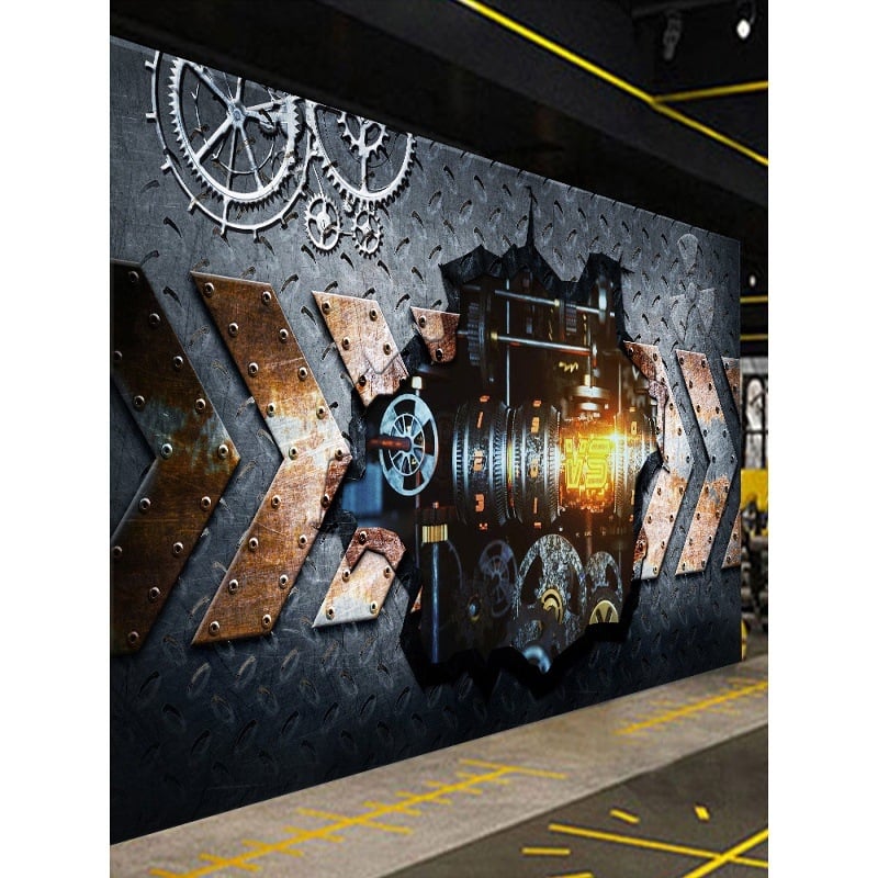 Tapeta u retro industrijskom stilu, 3D mural na zidu s mekaničkim punk motivima, VR znanstveno-fantastična slika
