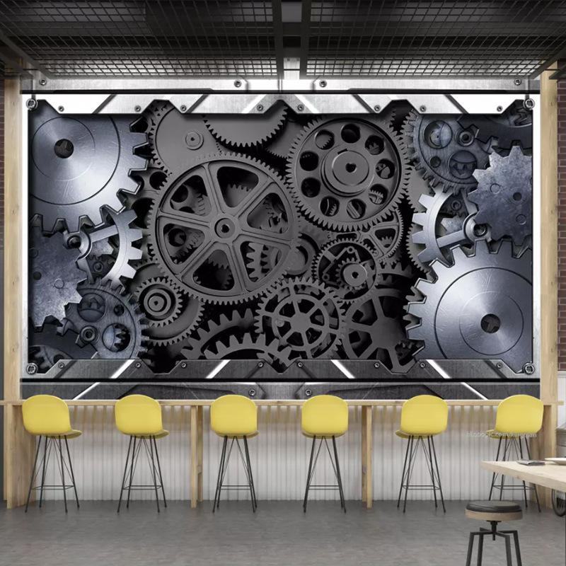 Tapeta u retro industrijskom stilu, 3D mural na zidu s mekaničkim punk motivima, VR znanstveno-fantastična slika