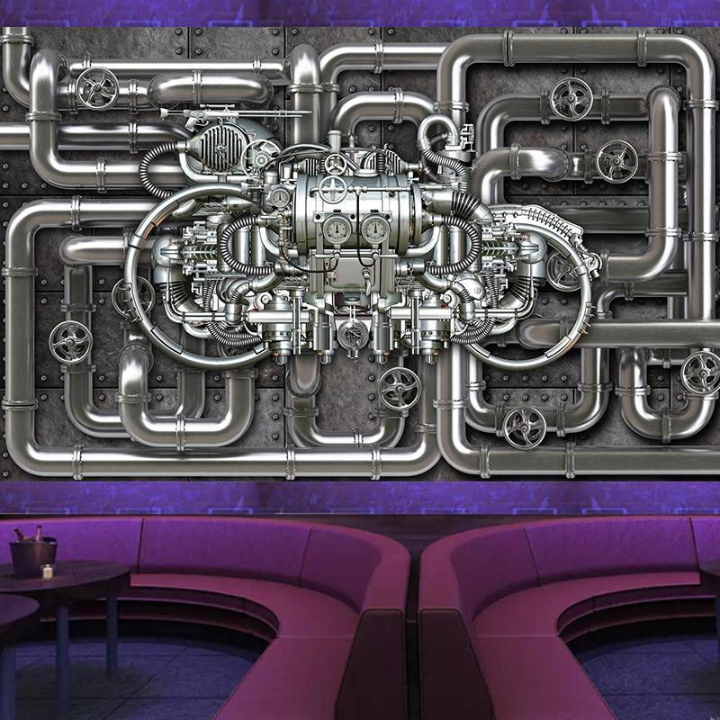 Tapeta u retro industrijskom stilu, 3D mural na zidu s mekaničkim punk motivima, VR znanstveno-fantastična slika