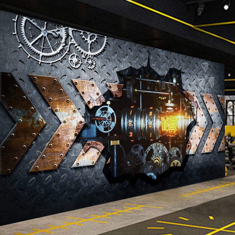 Tapeta u retro industrijskom stilu, 3D mural na zidu s mekaničkim punk motivima, VR znanstveno-fantastična slika