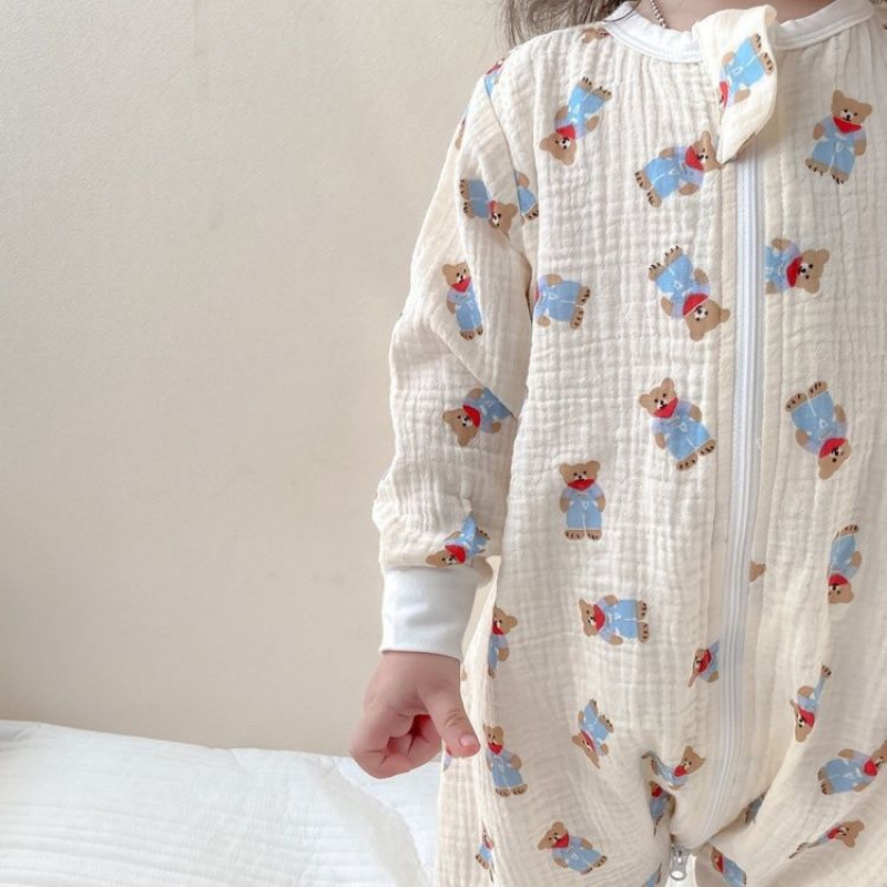 Dječji spavaći vak s zaštitom od kikova, pamuk gaza, proljeće-ljeto, tanak, jednoploški pijama stil