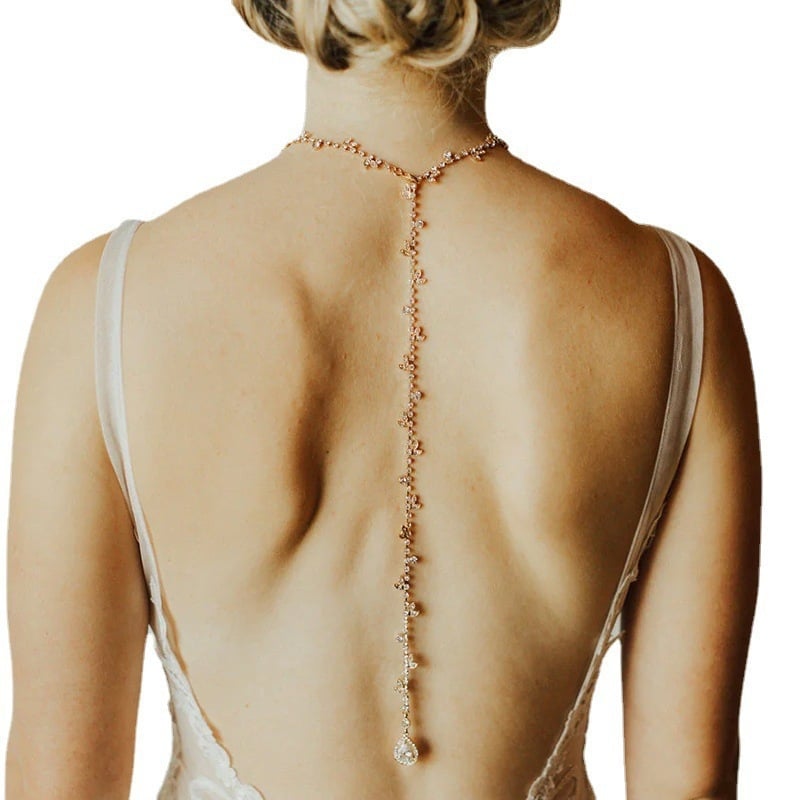 Ķermeņa ķēde ar ūdens pilieniem un baltiem kristāliem, elektroplēšana sakausējuma ieliktnis, muguras ķēde kāzu kleitai