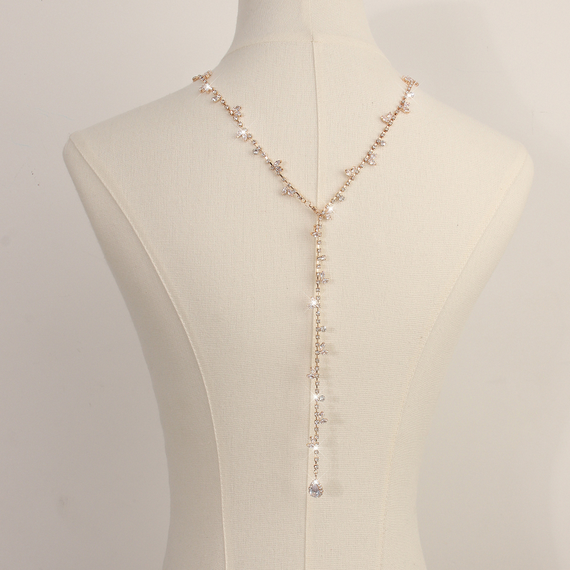 Ķermeņa ķēde ar ūdens pilieniem un baltiem kristāliem, elektroplēšana sakausējuma ieliktnis, muguras ķēde kāzu kleitai