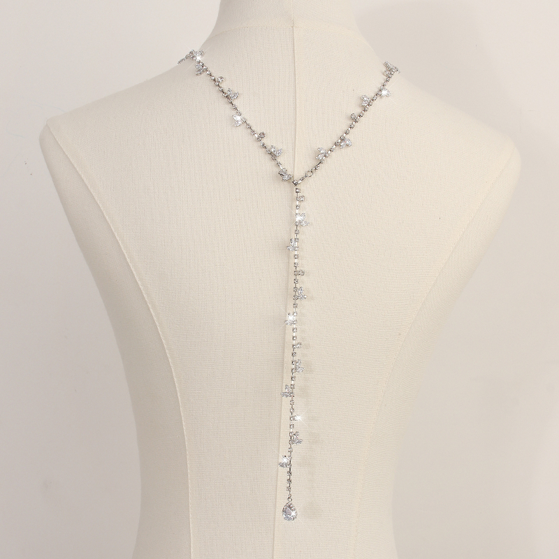 Ķermeņa ķēde ar ūdens pilieniem un baltiem kristāliem, elektroplēšana sakausējuma ieliktnis, muguras ķēde kāzu kleitai