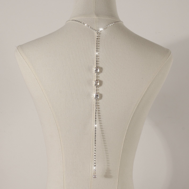 Ķermeņa ķēde ar ūdens pilieniem un baltiem kristāliem, elektroplēšana sakausējuma ieliktnis, muguras ķēde kāzu kleitai